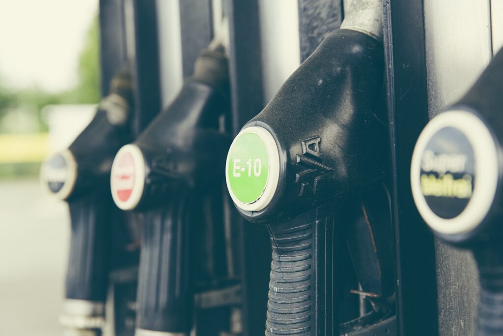 Petrol station pumps showing an e10 sticker